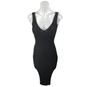 Windsor Black Ribbed Knit Sleeveless V-Neck Stretch Midi Bodycon Tank Dress Sz S